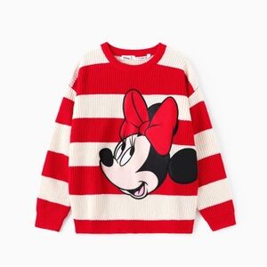 Women Disney Mickey Minnie Striped Long-sleeve Knitwear Sweater Red